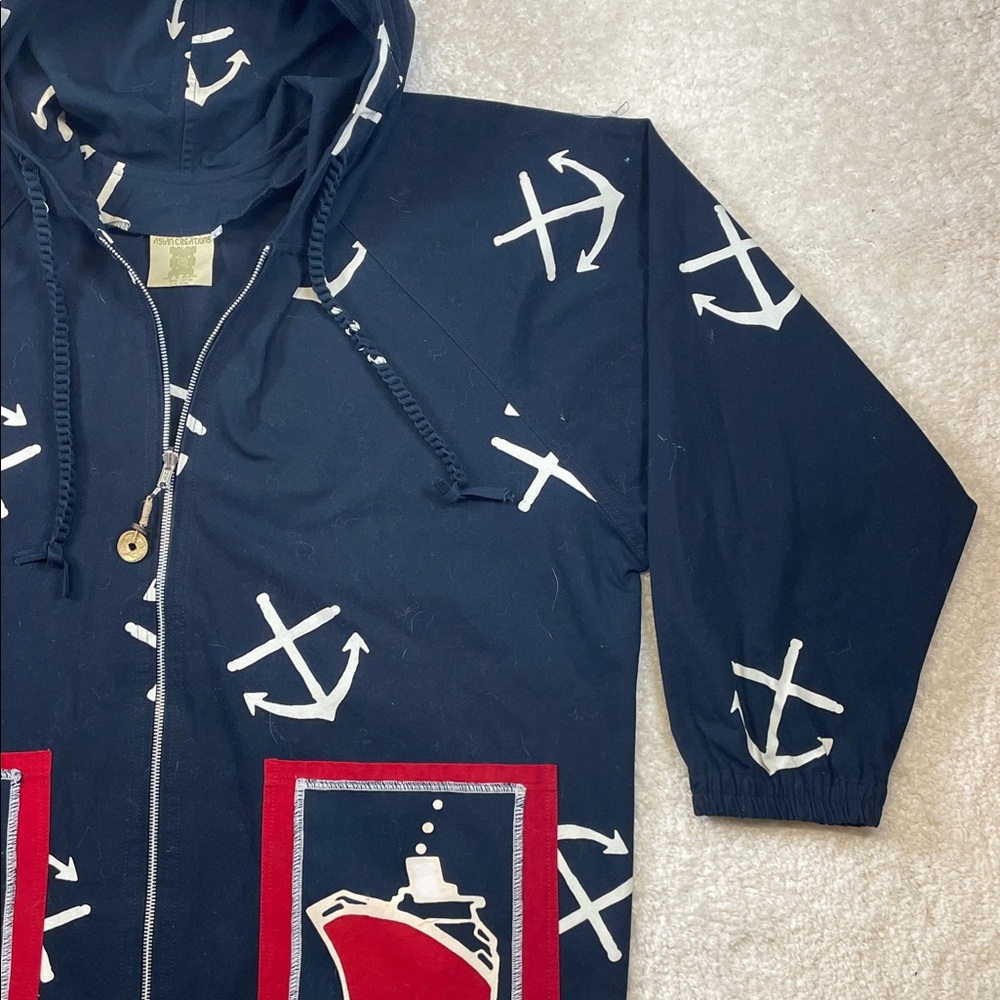 Asian Creations Nautical AnchorJacket Hooded Cotton Coat Oversized Women’s Large - Picture 2 of 7